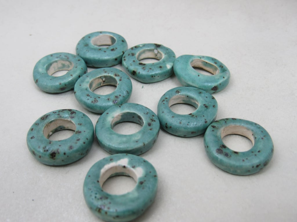 10 Medium Eggshell Blue Glazed Ceramic Donut Beads