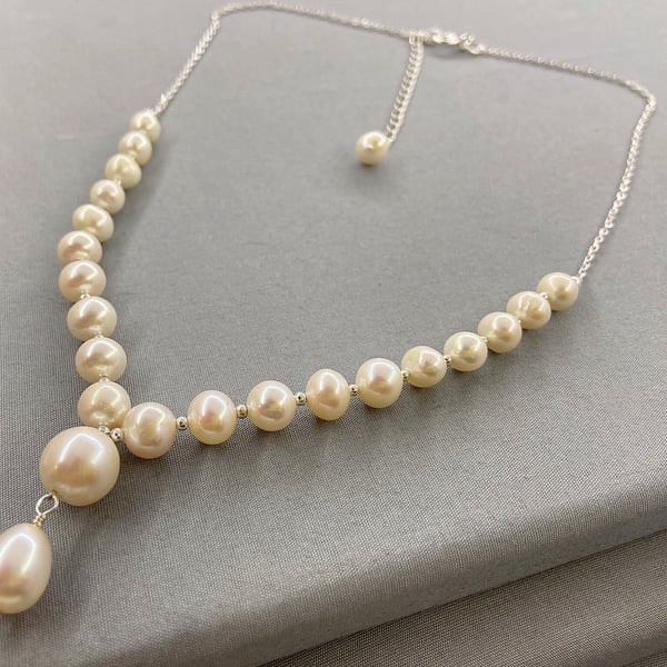 Elegant Bridal Graduated Near Round Pearl Sterling Silver Y Necklace 