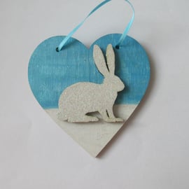 Hanging Heart Decoration Snow Bunny Winter Rabbit Scene Painting White Christmas