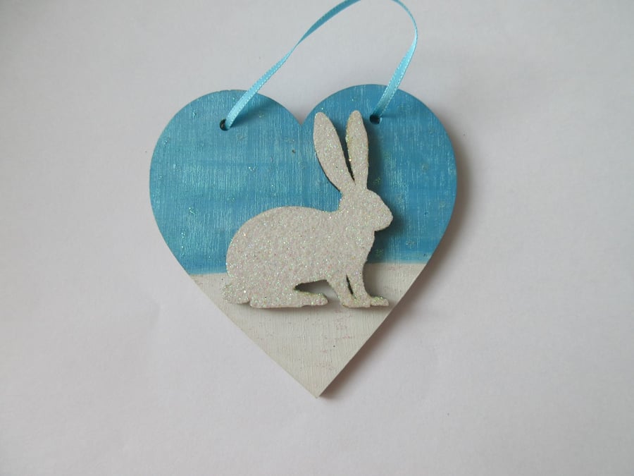 Hanging Heart Decoration Snow Bunny Winter Rabbit Scene Painting White Christmas