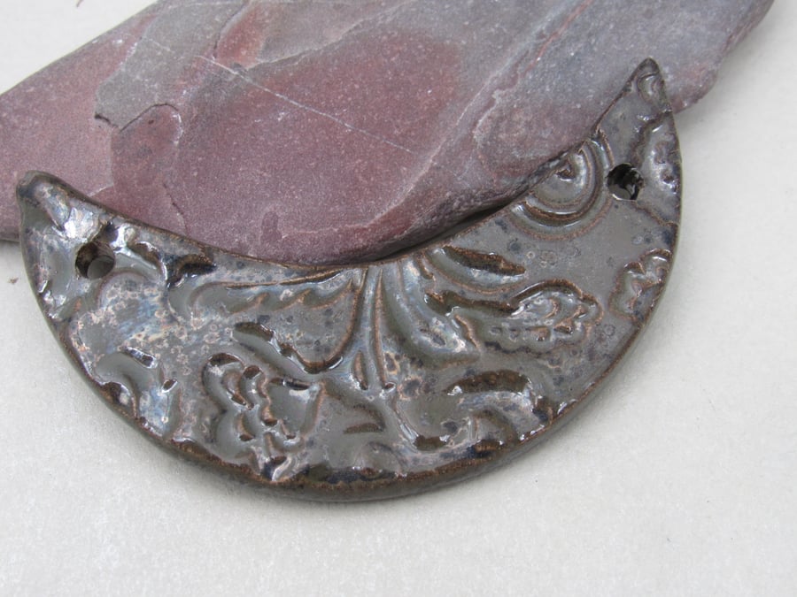 Obsidian Brocade Ceramic Crescent Bib Pendant