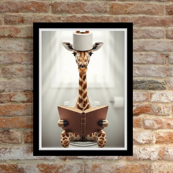 Giraffe with a loo roll on its head Bathroom Wall Prints