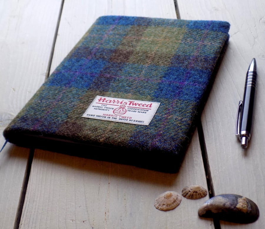 A5 Harris Tweed covered 2020 diary in blue, green and brown tartan. Week to view