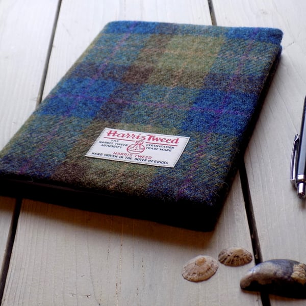 A5 Harris Tweed covered 2020 diary in blue, green and brown tartan. Week to view