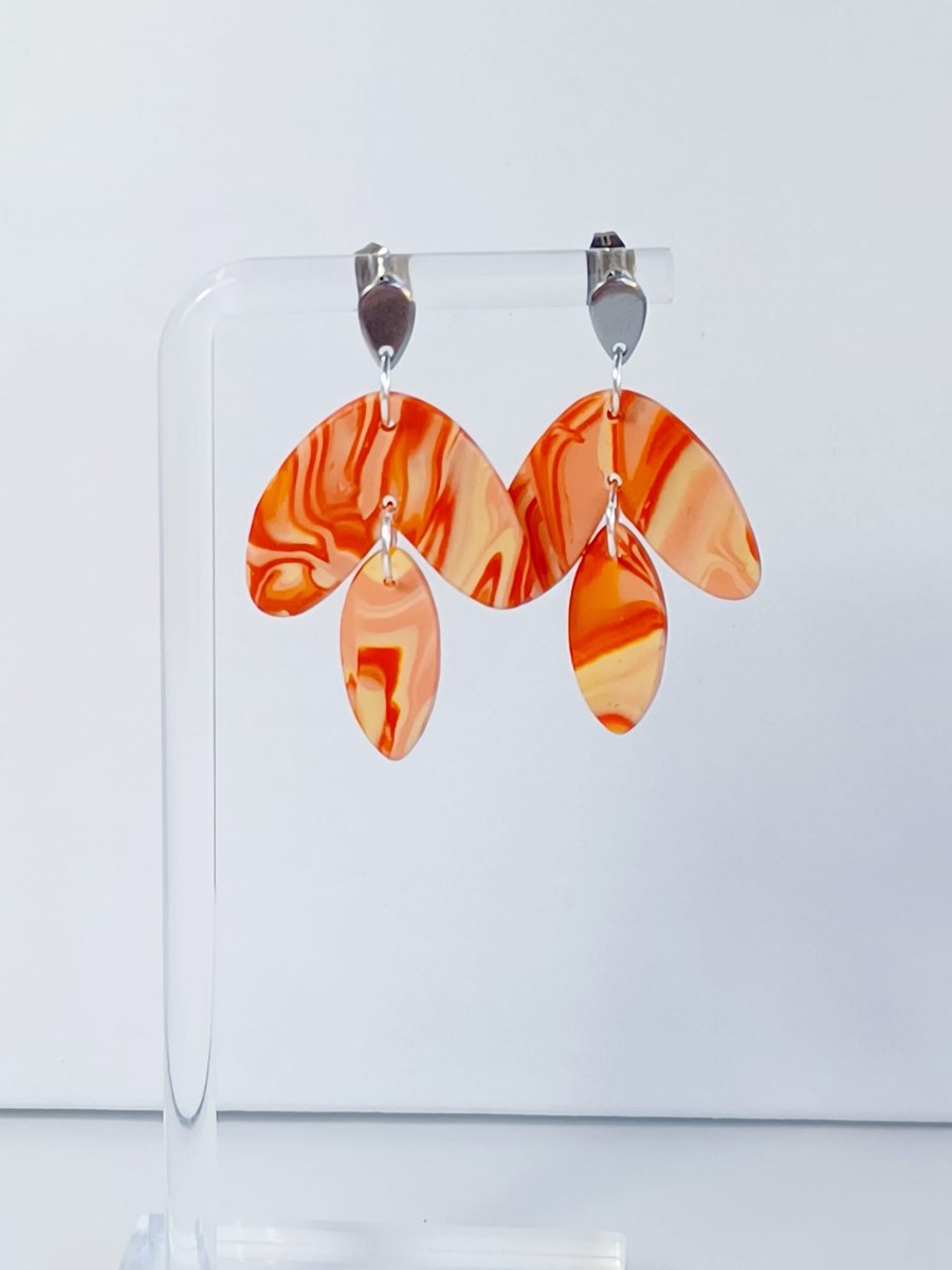 Statement orange marble effect unique dangle earrings