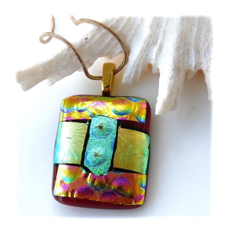 Dichroic Glass Pendant 280 Coral Bubbles Handmade with gold plated chain