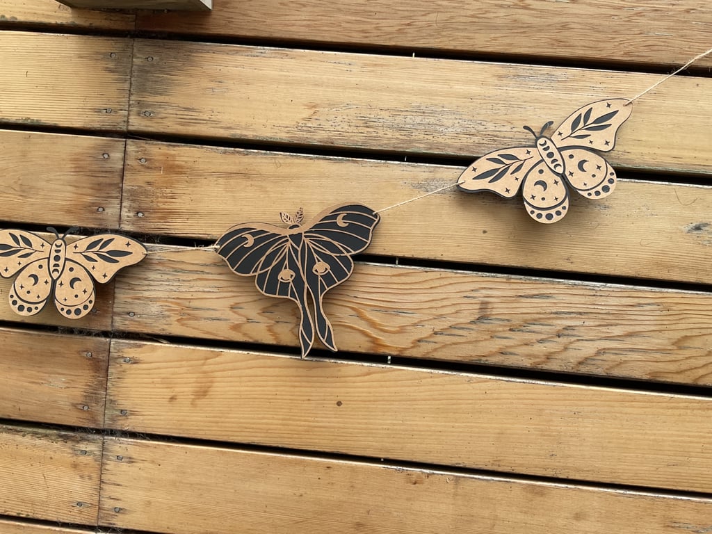 Luna Moth Garland, Mystical Moth Bunting, Celestial Wall Decor, eco friendly 