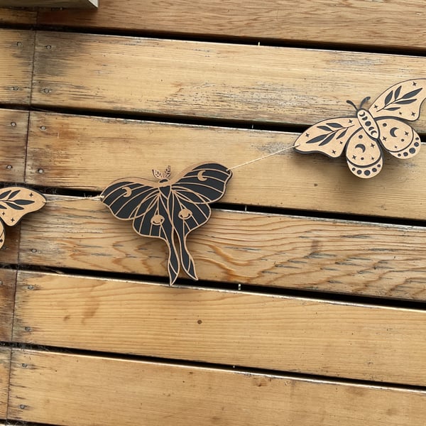 Luna Moth Garland, Mystical Moth Bunting, Celestial Wall Decor, eco friendly 