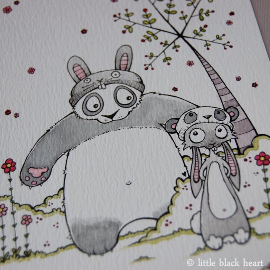 rabbit in a panda hat (meets a panda in a rabbit hat) - original illustration