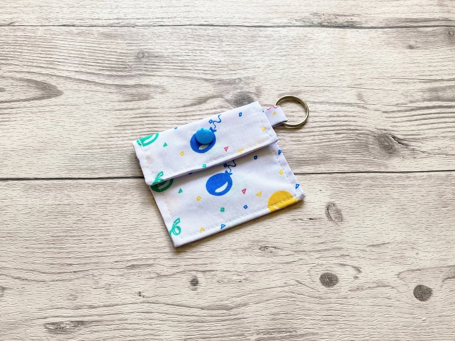 Balloon themed round tin lip balm fabric keyring, keychain. Lipstick holder.