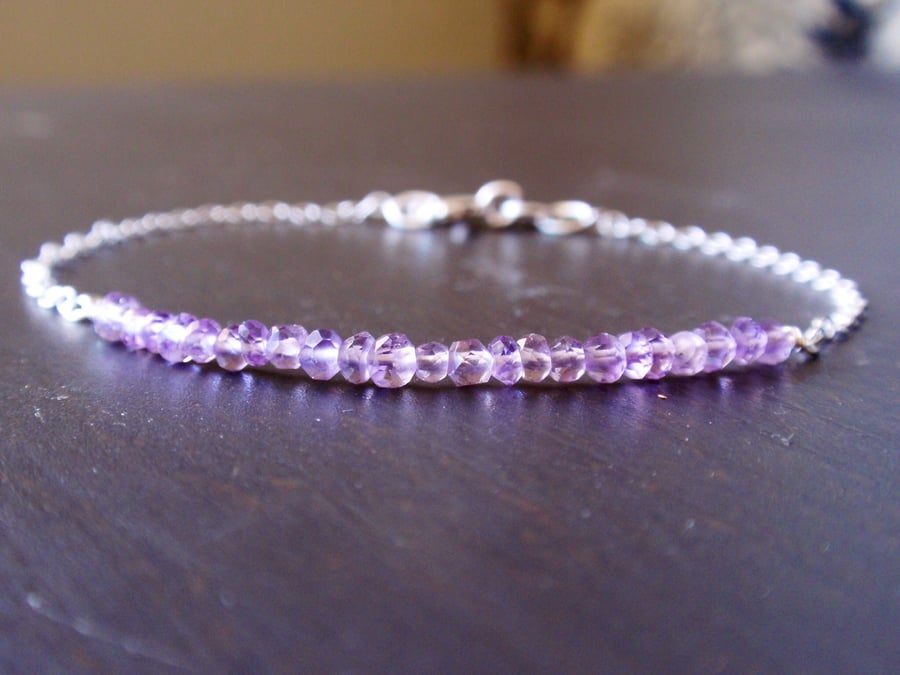 Pink Amethyst bracelet with sterling silver chain, beaded gemstone bracelet