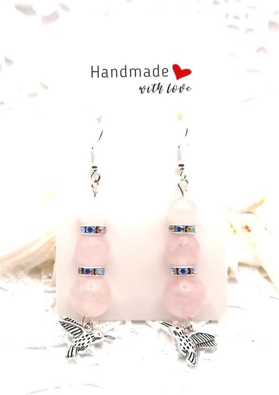 Sterling Silver Rose Quartz and Rhinestone Drop Earrings with Hummingbird Charm