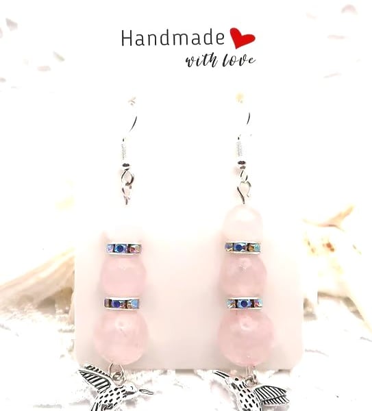 Sterling Silver Rose Quartz and Rhinestone Drop Earrings with Hummingbird Charm