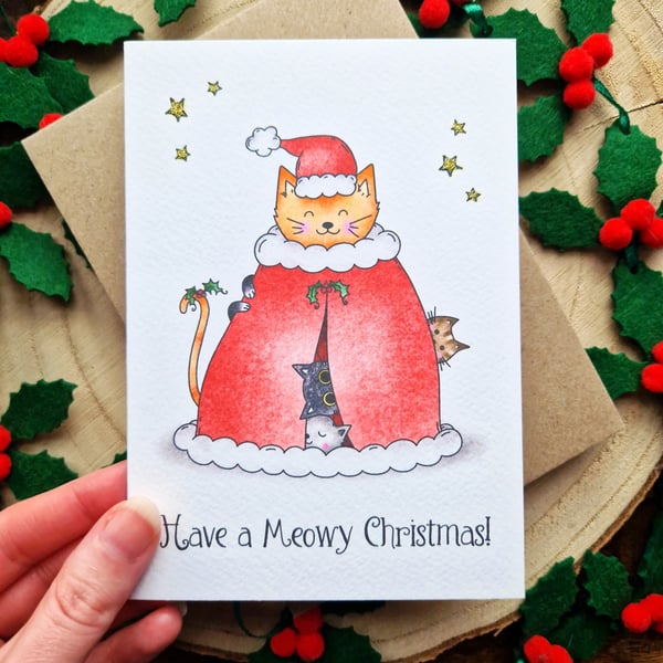 Funny Cat Christmas Card, Meowy Christmas! Santa Cat, Friend Christmas Card