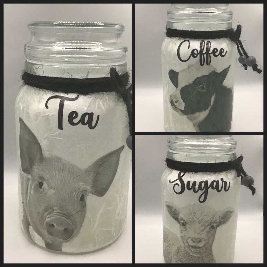Kitchen Storage Jars. Tea Coffee Sugar. Decoupaged Farm Animals.