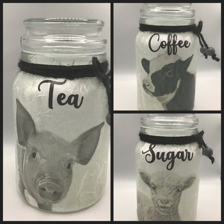 Kitchen Storage Jars. Tea Coffee Sugar. Decoupaged Farm Animals.