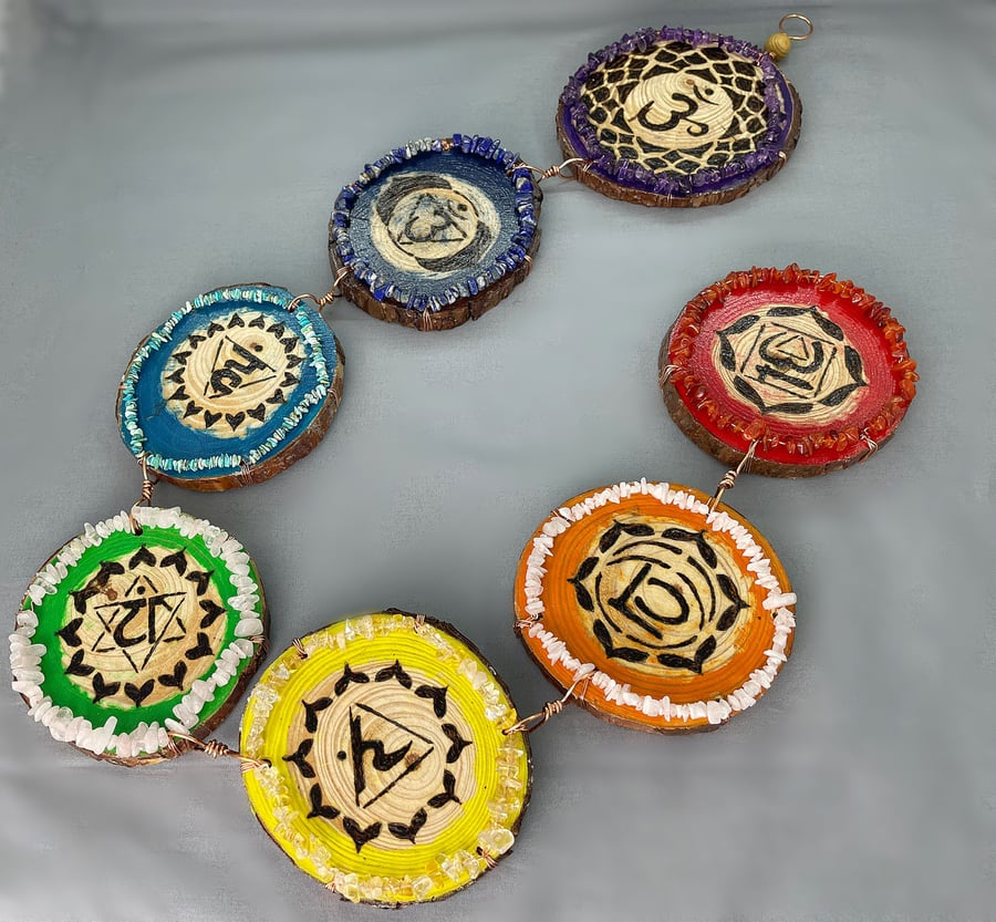 7 Chakra Etched Wooden Painted Wall Hanger with Crystal Gemstones