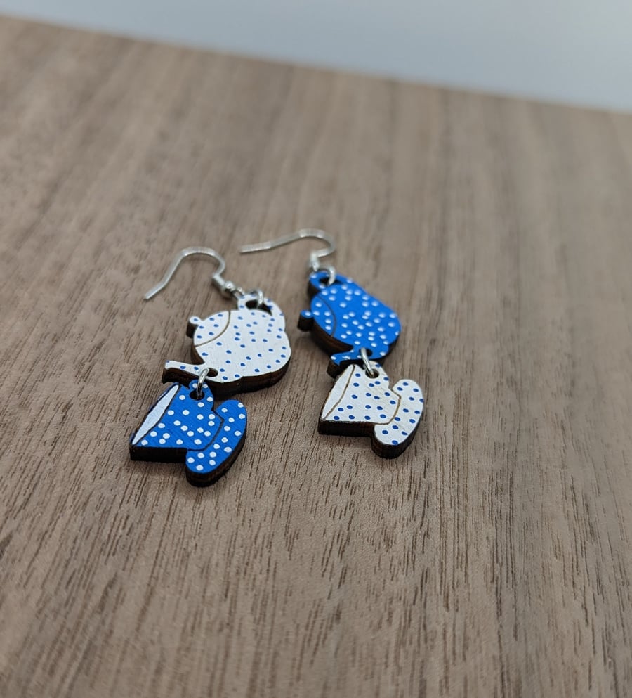 Dark Blue Eco Earrings - Hypoallergenic Stainless Steel - Teapot and Tea Cup
