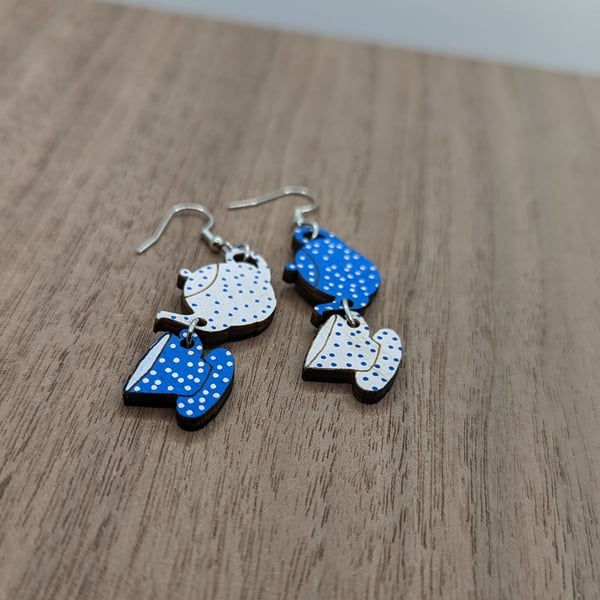 Dark Blue Eco Earrings - Hypoallergenic Stainless Steel - Teapot and Tea Cup