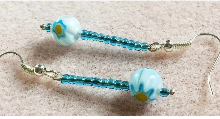 Pale Blue with Millefiori Beaded Dangle Earrings