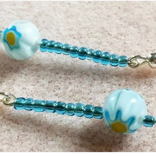 Pale Blue with Millefiori Beaded Dangle Earrings