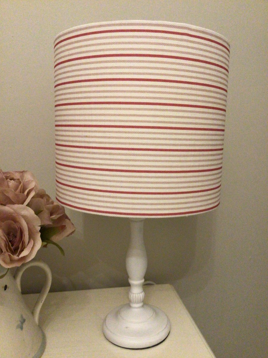 Lampshade in Olive and Daisy lovely Pinks pinstripe linen - 20 cm drum