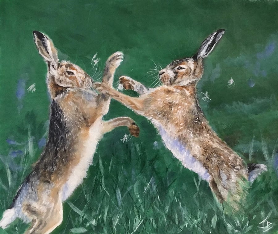 Top quality giclee print of 'The Pugilists a hare painting by artist Janet Bird