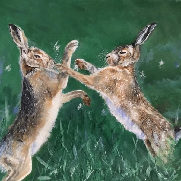 Top quality giclee print of 'The Pugilists a hare painting by artist Janet Bird