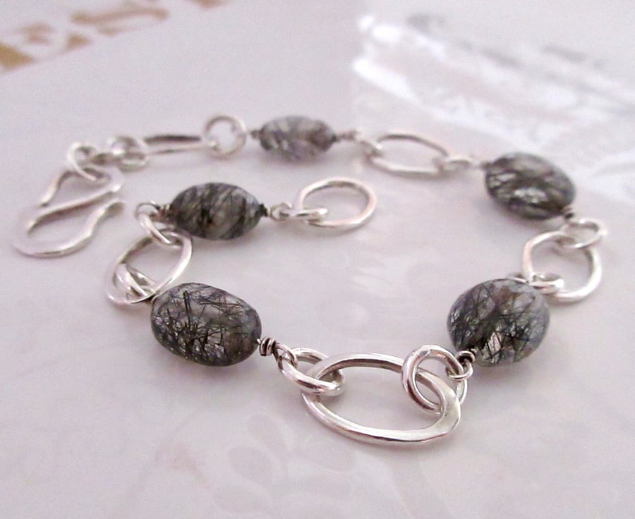 Tourmalinated Quartz Gemstone Beads and Sterling Silver Handmade Bracelet