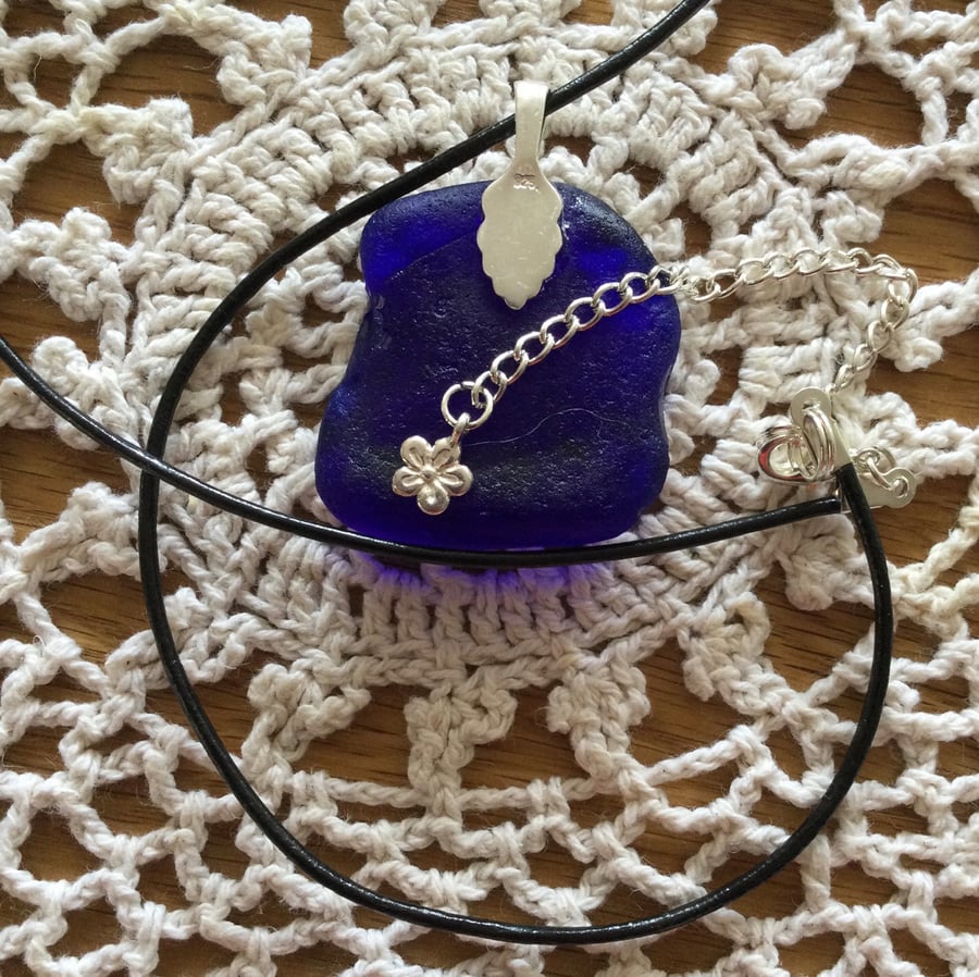 Blue seaglass pendant on leather cord