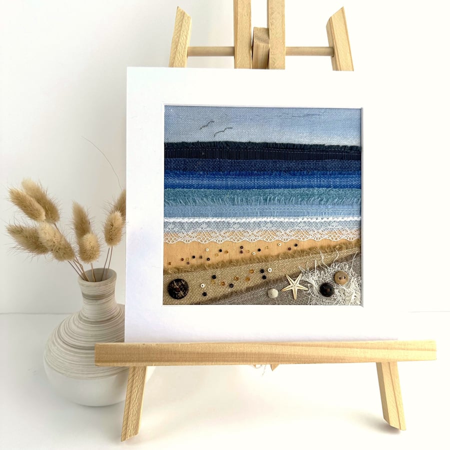Golden Beach Textile Art, Mounted Wall Art, Seascape