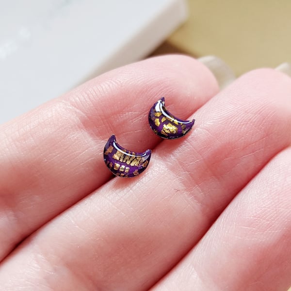 Dainty purple and metallic crescent moon stud earrings