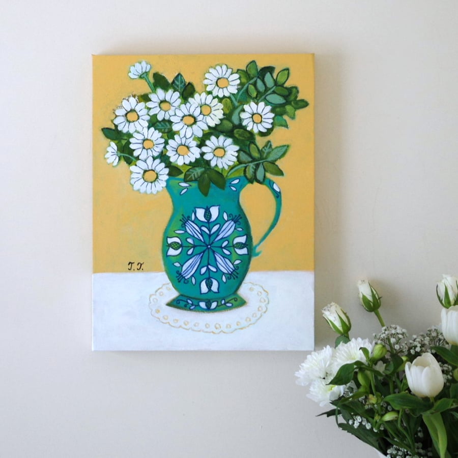 Original Daisy Painting, Folk Motif Vase, White Flowers, Floral Fine Art