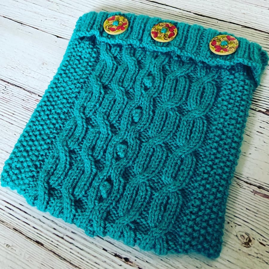 SOLD SALE - Hand knitted aran design cushion cover 9" x 9" - Turquoise