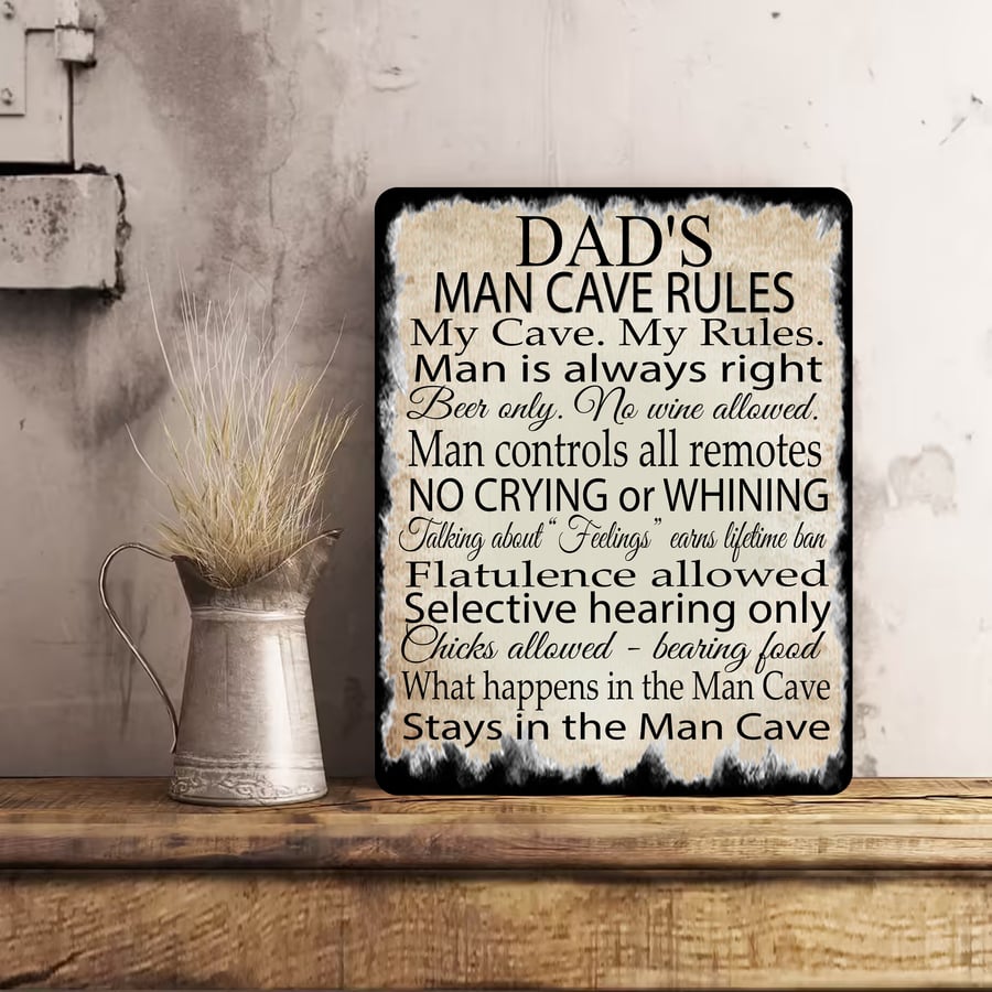 Personalised MAN CAVE RULES Metal Wall Sign Dad Grandad Brother Uncle Gift Sign