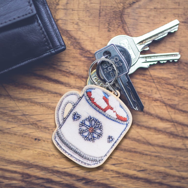 Wooden hot chocolate keyring