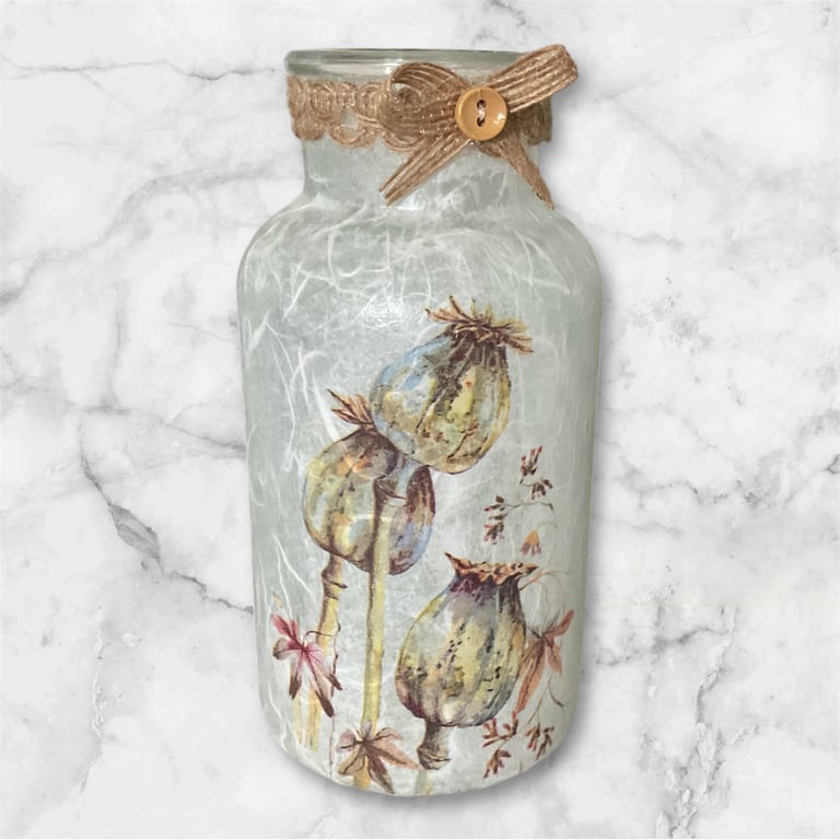 Apothecary Vase Bottle. Decoupaged. Autumn seedheads.
