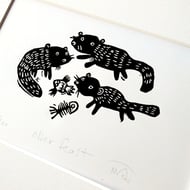 Otter Feast - lino cut print