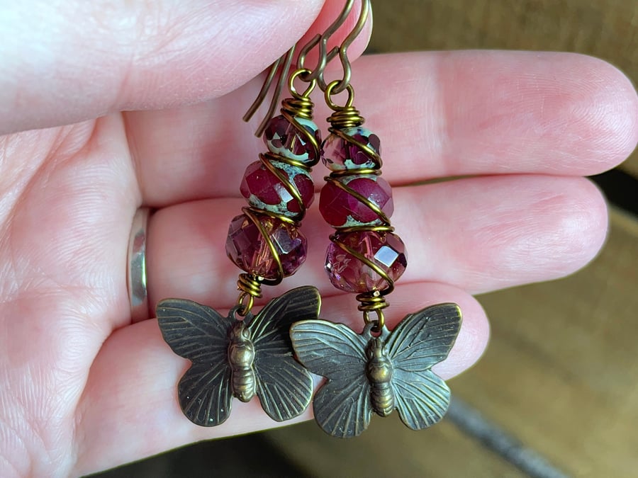 Brass Butterfly Earrings. Pink Czech Glass Earrings. Wire Work Earrings 