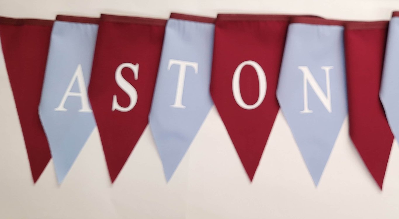 Aston Villa Bunting: Claret & Blue Flags, White Print - Made in England