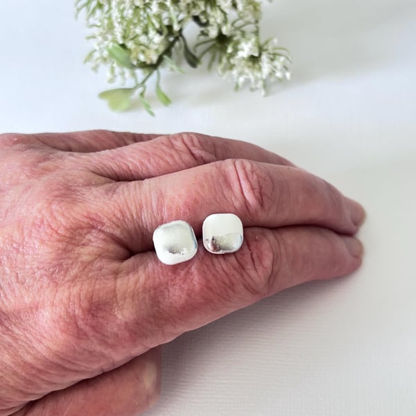 White Square Stud Earrings with Silver Foil