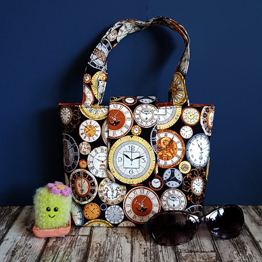 Steampunk Clock Handbag - Small Handmade Fabric Tote with Inside Pocket