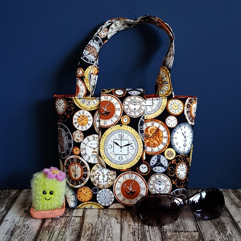 Steampunk Clock Handbag - Small Handmade Fabric Tote with Inside Pocket