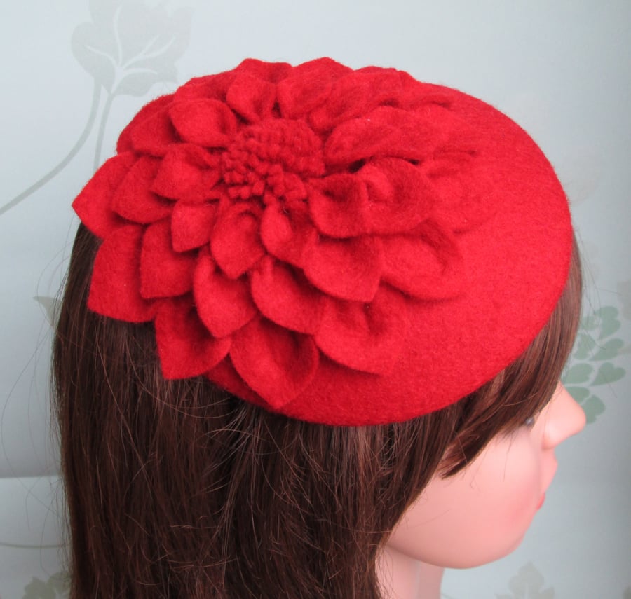 Red Cocktail Hat - Dahlia Flower Fascinator Hat, Race Hat, Wedding Hat