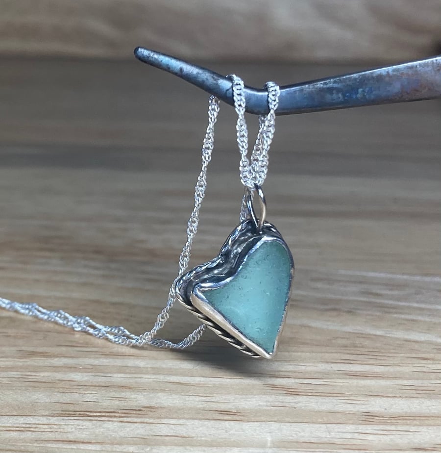 Handmade Welsh Light Teal-Grey Heart Sea Glass & Silver Pendant & Silver Chain