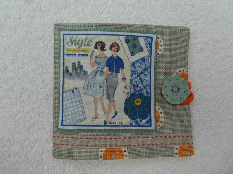Sewing Needle Case with Sewing Pattern Panel. Blue.