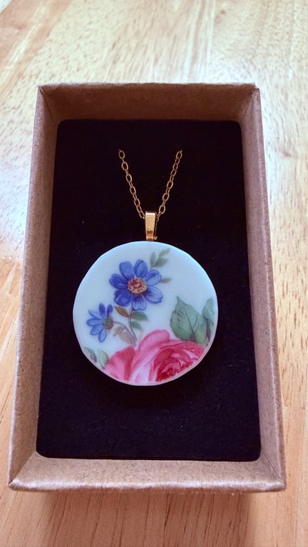 Upcycled bone china necklace floral rose