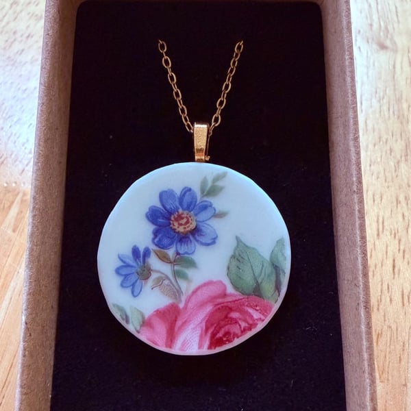 Upcycled bone china necklace floral rose