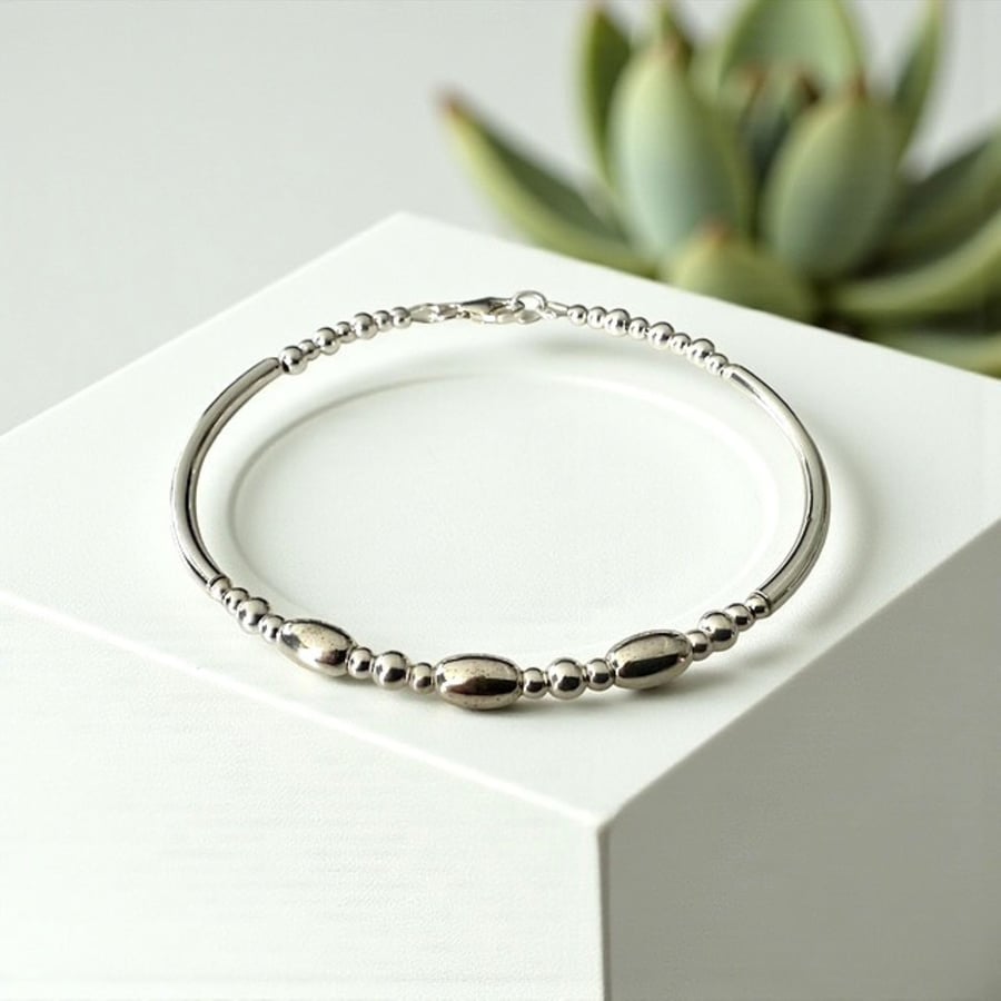 Sterling Silver Noodle Bracelet with Round & Oval Beads