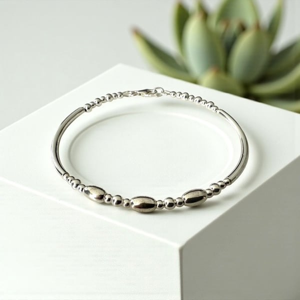 Sterling Silver Noodle Bracelet with Round & Oval Beads